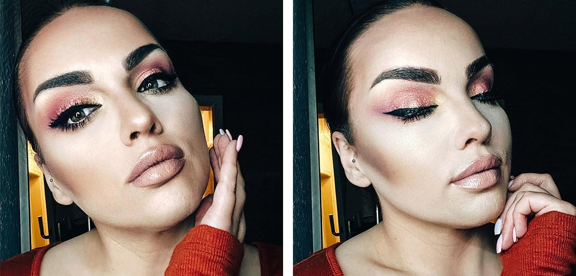 Frau präsentiert ihr Make-up